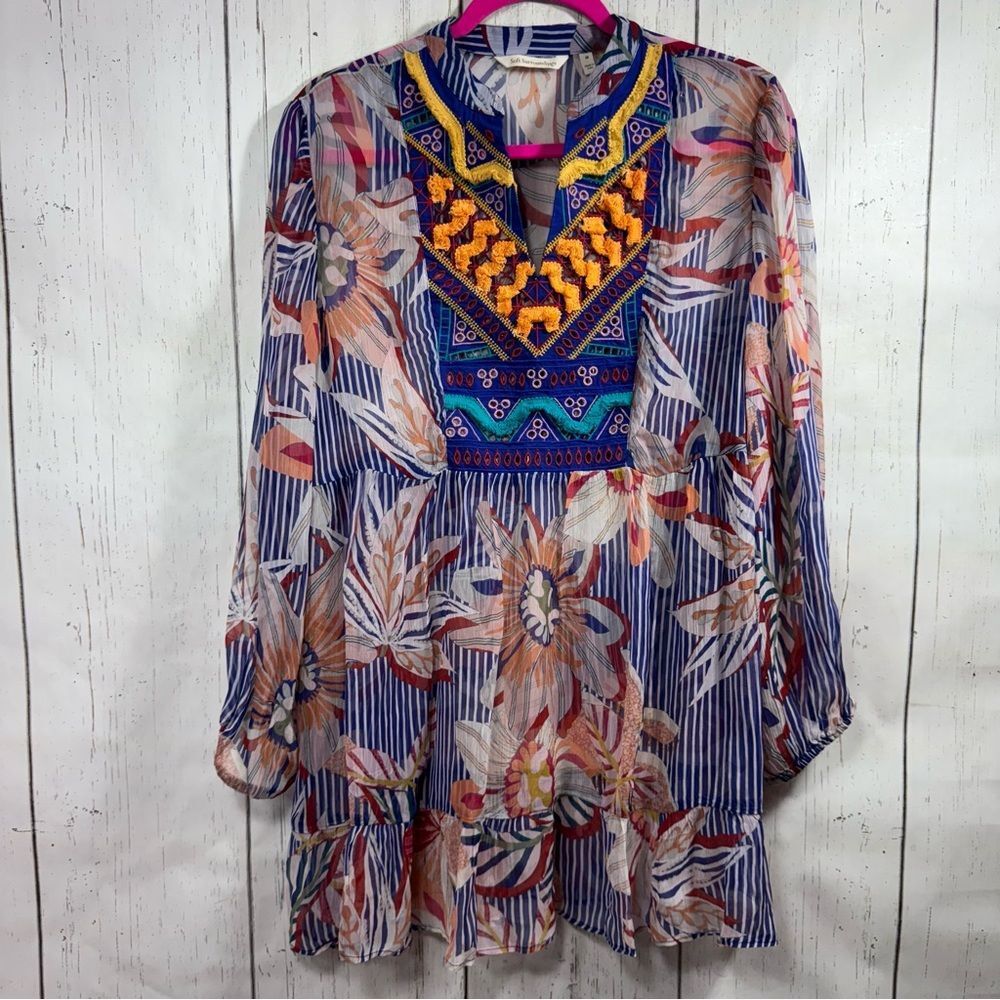 Soft Surroundings Boho Embroidered Floral Tunic Top Artsy Indie Festival Resort
